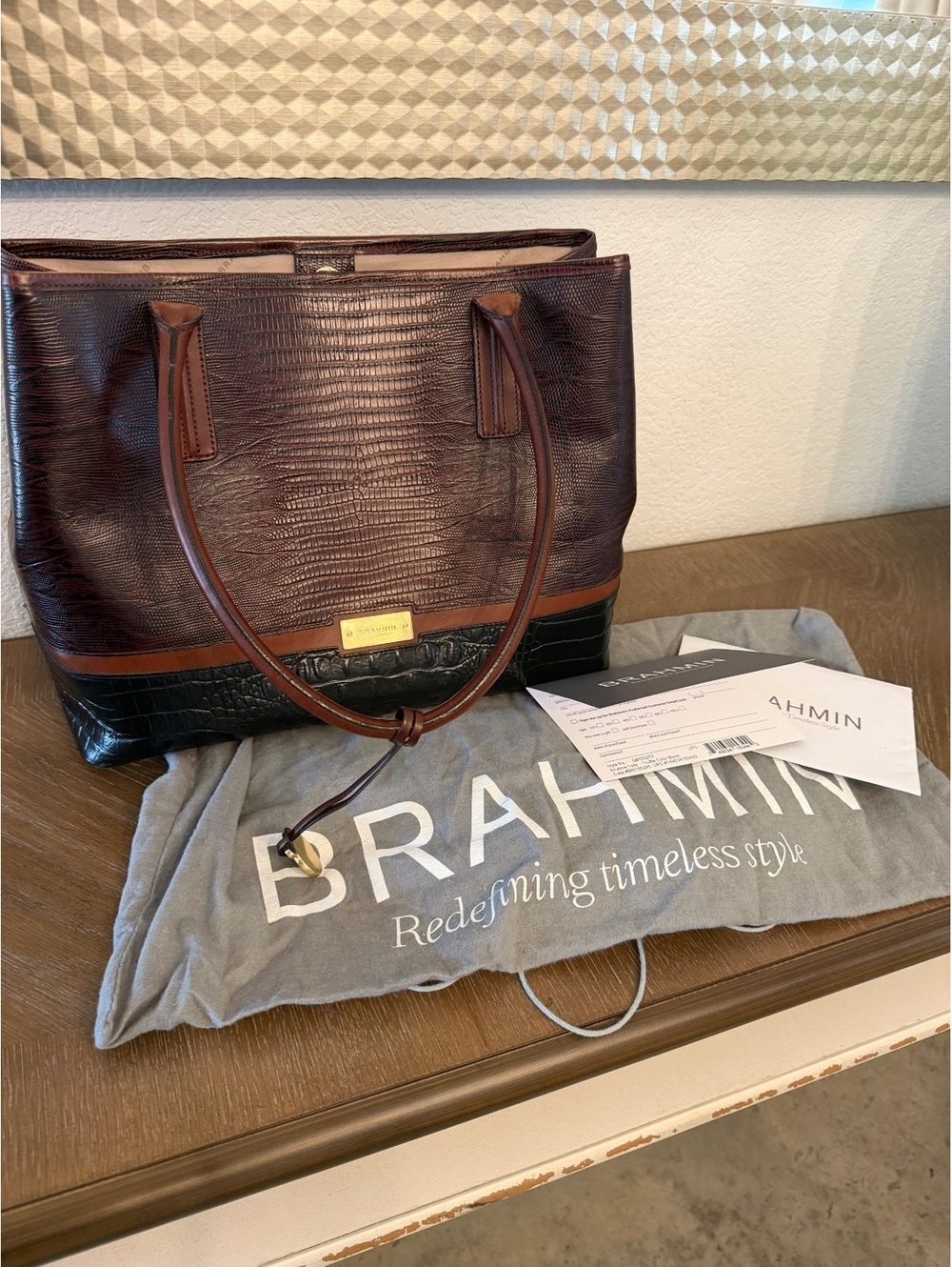Brahmin Anytime Tote in Truffle Color Block Leather Expandable Crocodile Lizard